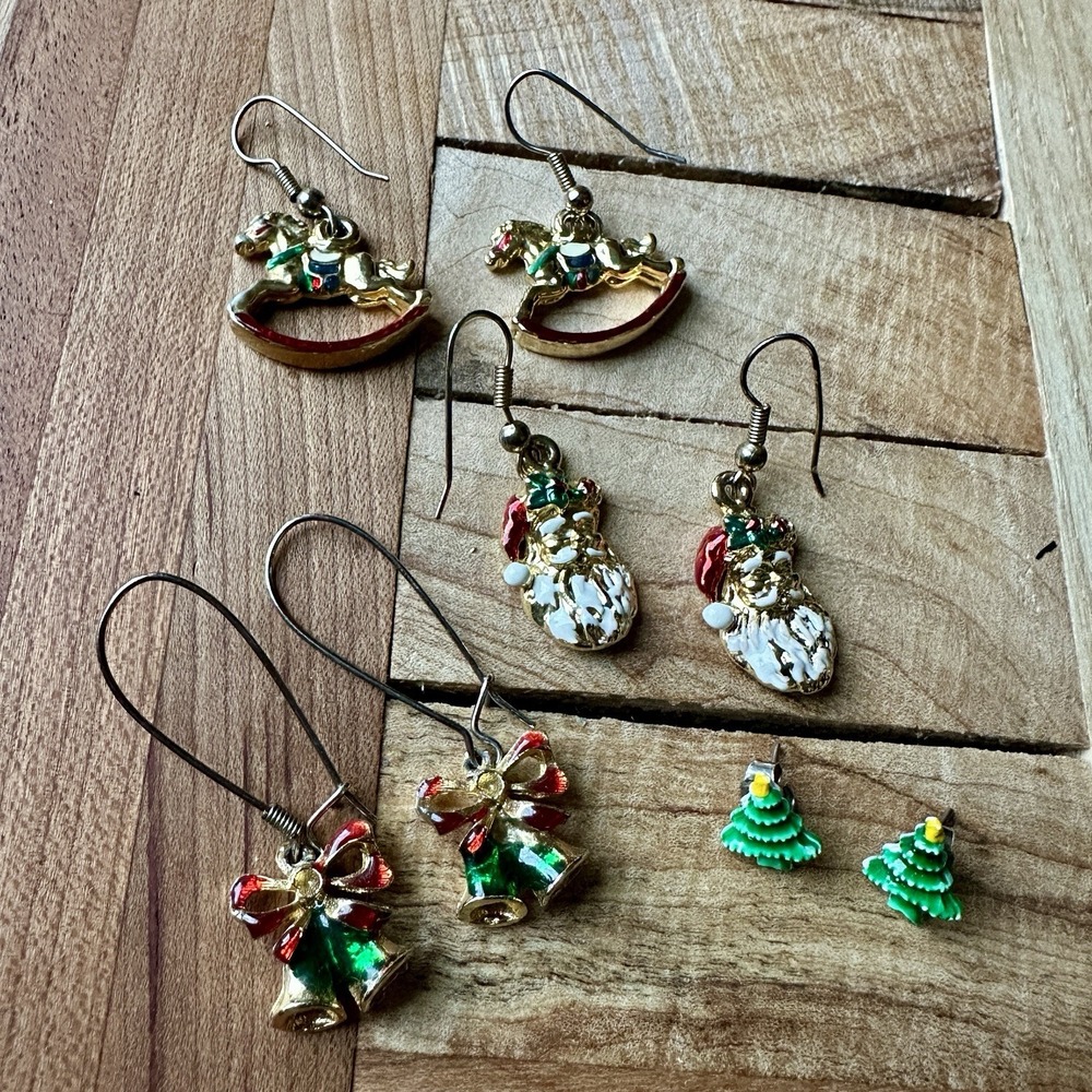 Vintage 4 Item Lot Christmas Earrings Rocking Horse Green Trees Santa Bells